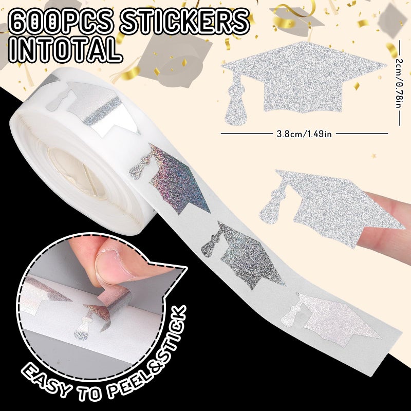 Whaline 600Pcs Graduation Cap Sticker Silver Laser Sealing Label Congrats Grad Hat Party Favor Self-Adhesive Sticker for College Graduation Party Supplies, 1.5 x 0.8 Inch - Image 2